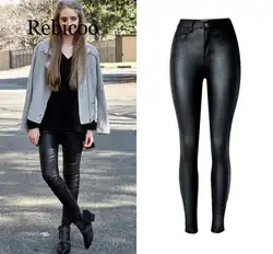 Джинсы из искусственной кожи с высокой талией, женские модные черные Стрейчевые обтягивающие джинсы, женские узкие брюки