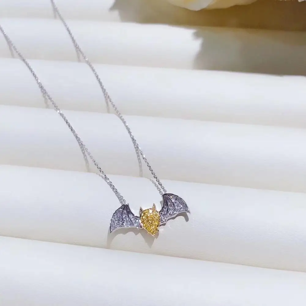 AEAW 18K White Gold 0.078ct Natural Yellow Diamond With 0.11ct White Diamond Bat Pendant Necklace Round Cut Necklace Women
