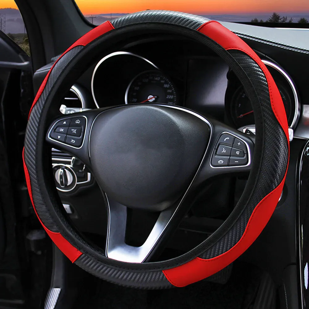 Универсальный чехол рулевого колеса автомобиля против скольжения из искусственной кожи рулевые Чехлы дышащие для 37-38 см Авто украшения из углеродного волокна - Название цвета: red