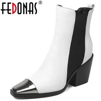 

FEDONAS Classic Elastic Band Female Chelsea Boots Microfiber Leather Women Ankle Boots Square Heels Party Shoes Woman Plus Size