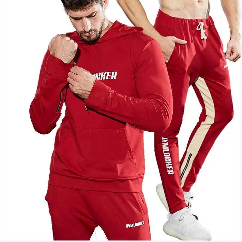 red Новые мужские комплекты, модные спортивные костюмы, мужские спортивные куртки с капюшоном+ штаны, повседневный спортивный костюм худи для бодибилдинга для мужчин - Цвет: red