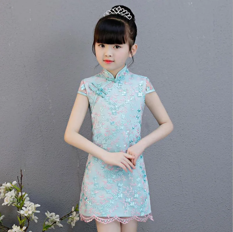 Летняя Детская кружевная одежда с вышивкой, Qipao Vestidos, китайское кружевное платье для девочек cheong-sam повседневные платья для маленьких девочек - Цвет: 4