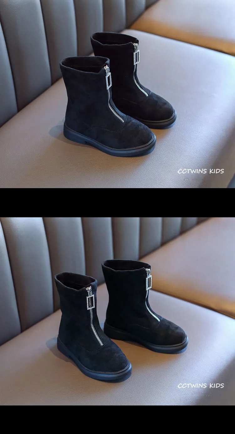 CCTWINS/детская обувь; коллекция года; зимние модные ботинки до середины икры для девочек; детская теплая обувь из флока; Детские брендовые черные ботинки; розовые; FB1769