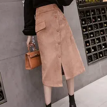 Женская Вельветовая юбка, Осень-зима, Женская юбка с высокой талией, с разрезом, а-силуэт, с карманами, с поясом, модная длинная юбка