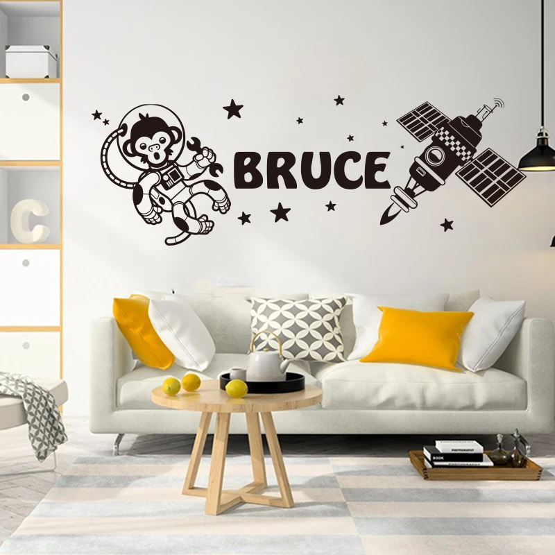 Custom Name Astronaut Monkey Satellite Wall Sticker Boy Room Kids Room Personalized Name astronomy Star Wall Decal Bedroom Art (2)