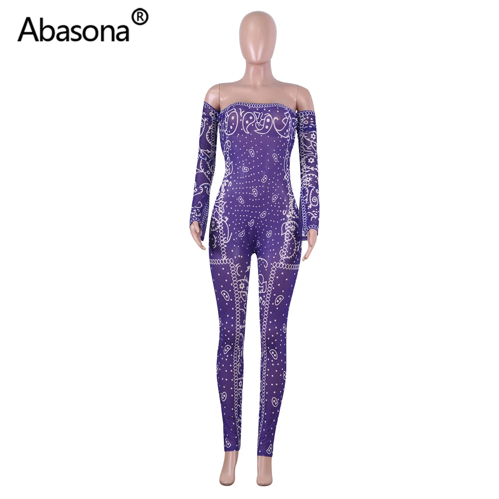 Abasona Autumn Winter Strapless Vintage Geometric Printed Sexy Bodycon Rompers Womens Junmsuit Skinny Overalls Party Night Club