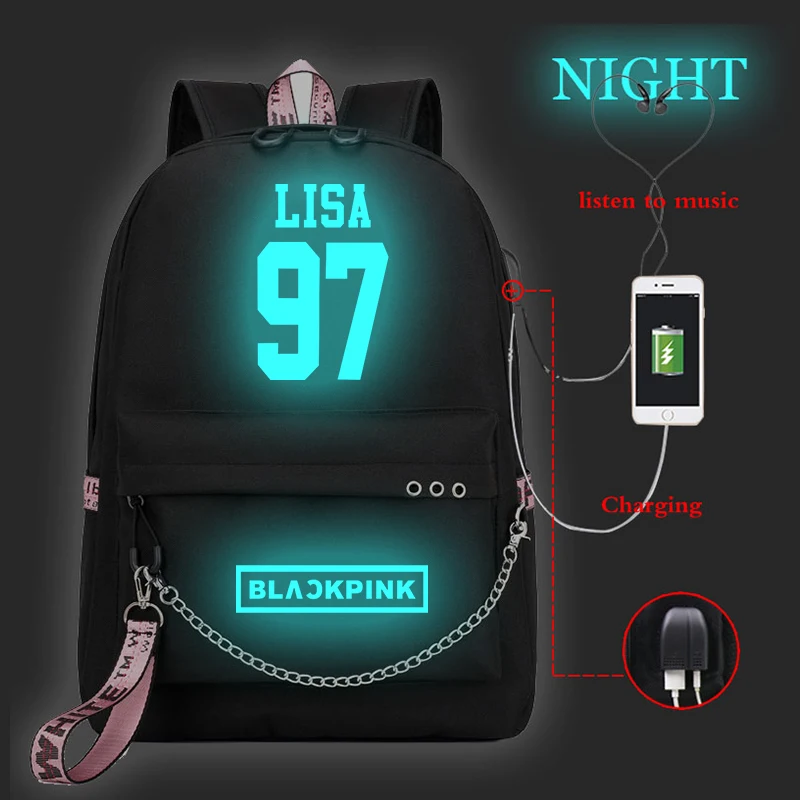 Backpack 14 Черный розовый рюкзак для школы Kpop, черный розовый JISOO Rose Lisa, рюкзаки для женщин, Корейская сумка для девочек-подростков, usb зарядка, рюкзак для ноутбука - Цвет: Backpack 14