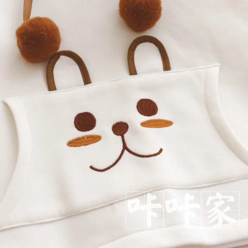 Осень зима женские толстовки японская Лолита Kawaii мультфильм вышивка с капюшоном плюс бархат Теплый свитер Mori Girl пуловер