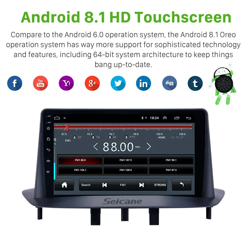 

Seicane 9 inch 2+32GB DSP Android 8.1 GPS Car Stereo HD Touchscreen Bluetooth for Renault Megane 3 2009-2014 support Carplay SWC