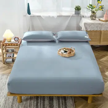 

1 pc 100% Cotton Fitted Sheet With Elastic Single Double Queen King Size Solid Color Mattress Cover Skin-friendly Bed Linens