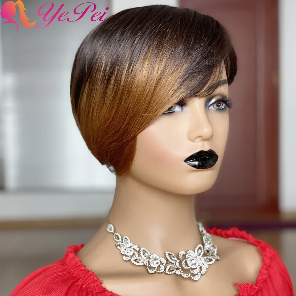 Corto corte Pixie peluca Omber pelucas de cabello humano cabello Remy brasileño P2/30 Color máquina hecho Peluca de cabello humano para las mujeres Yepei pelo