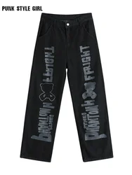 Kawaii e girl jeans preto mulher de cintura alta harajuku casual cyber y2k calças dos desenhos animados bonito solto streetwear graffiti impressão calças