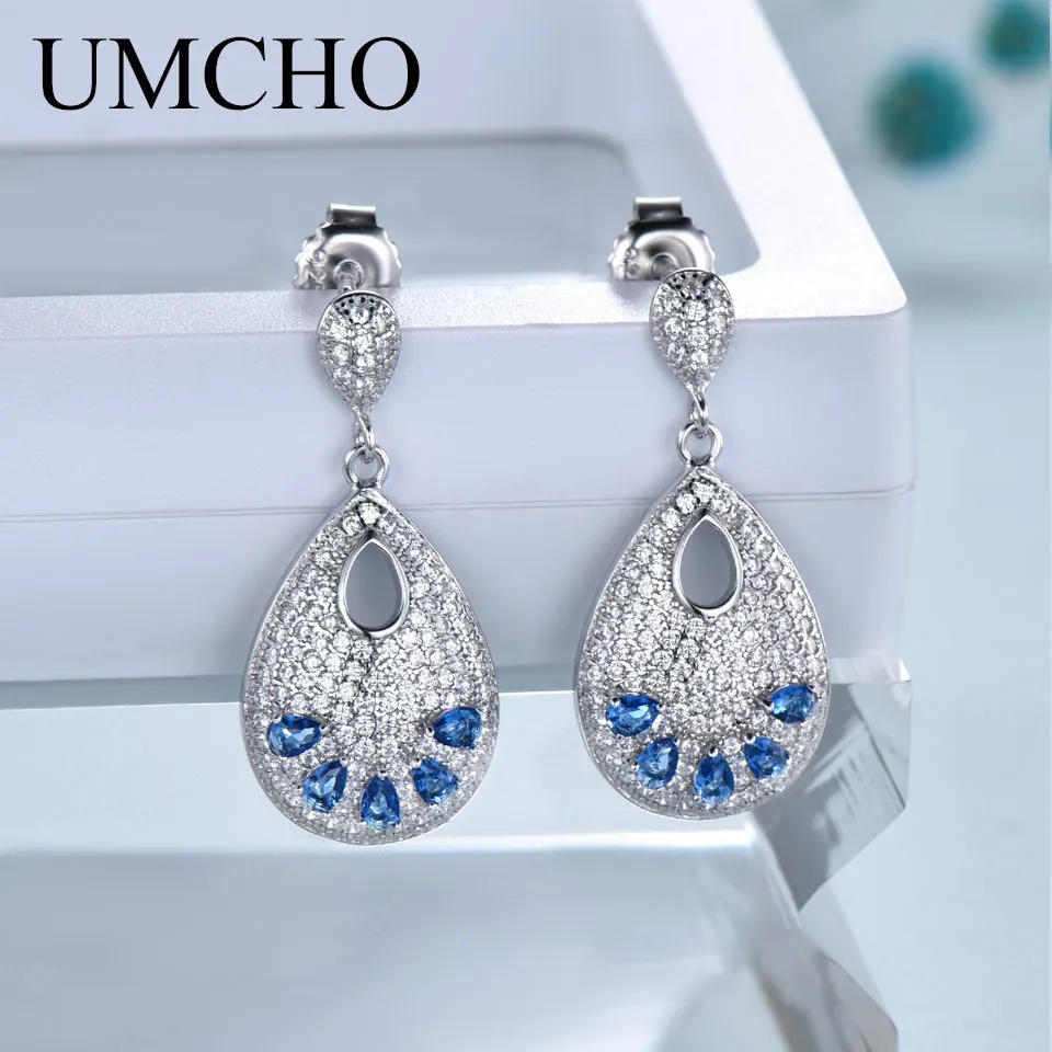 UMCHO, Твердое Серебро, 925, ювелирное изделие, в форме капли, создано, нано, Небесно голубой топаз, клипсы, серьги для женщин, подарки на день рождения, подвески, хорошее ювелирное изделие