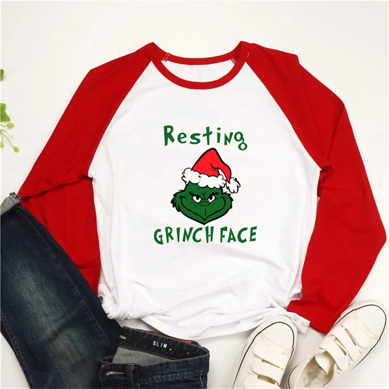 Женская рождественская футболка с буквенным принтом для отдыха Grinch, милые Графические футболки с круглым вырезом и рукавом реглан, женская футболка Harajuku