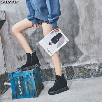 

SWYIVY Flock Women's Shoes Platform Woman Winter Boots 2019 New Warm Ankle Boots For Women Shoes Casual Zip Nubuck Wedge Booties