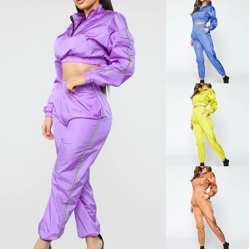 SFIT Женский комплект из 2 предметов, укороченный жакет и джоггеры, спортивные костюмы, Повседневная Толстовка, спортивный костюм со спортивными брюками, одноцветные спортивные костюмы на молнии
