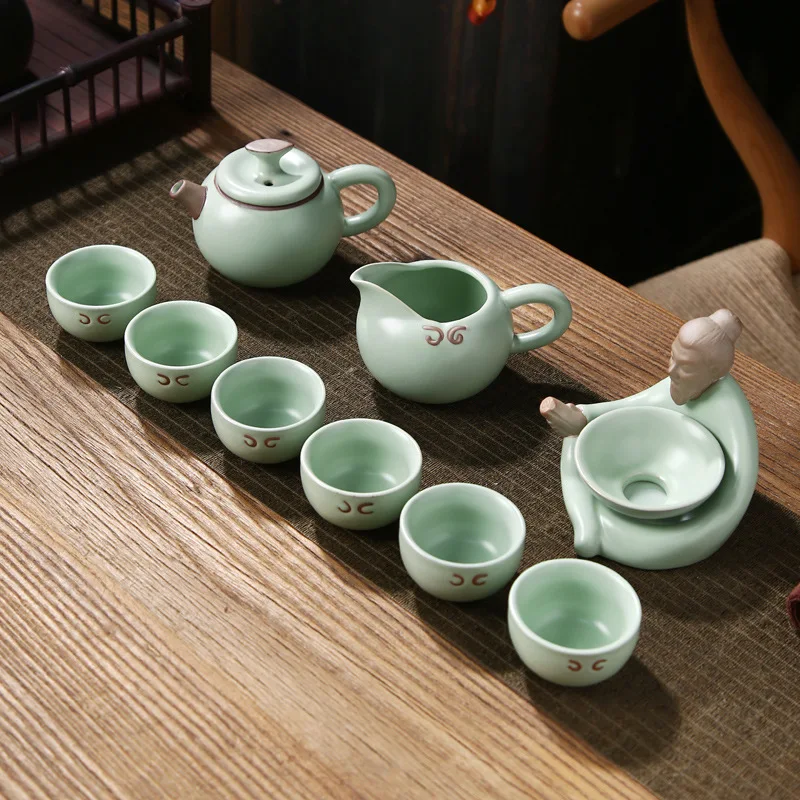 Top Grade Ru Ceramic Kung Fu Tea Set Whole Set Tea Pot Tea Cup Tea Pitcher Gracked Glaze the Mid-autumn Festival Gift New Style