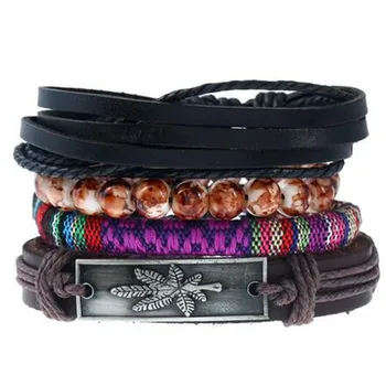 

4PCS Vintage Multi-layer Leather Bracelet For Men Punk Handmade Braided Rope Wrap Natural Stone Charm Beads Bracelets Male Gift