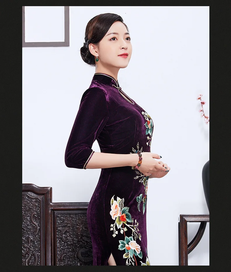 Новое ретро платье для женщин с длинным золотым бархатом cheongsam юбка для мам на осень, вышитое платье для женщин в