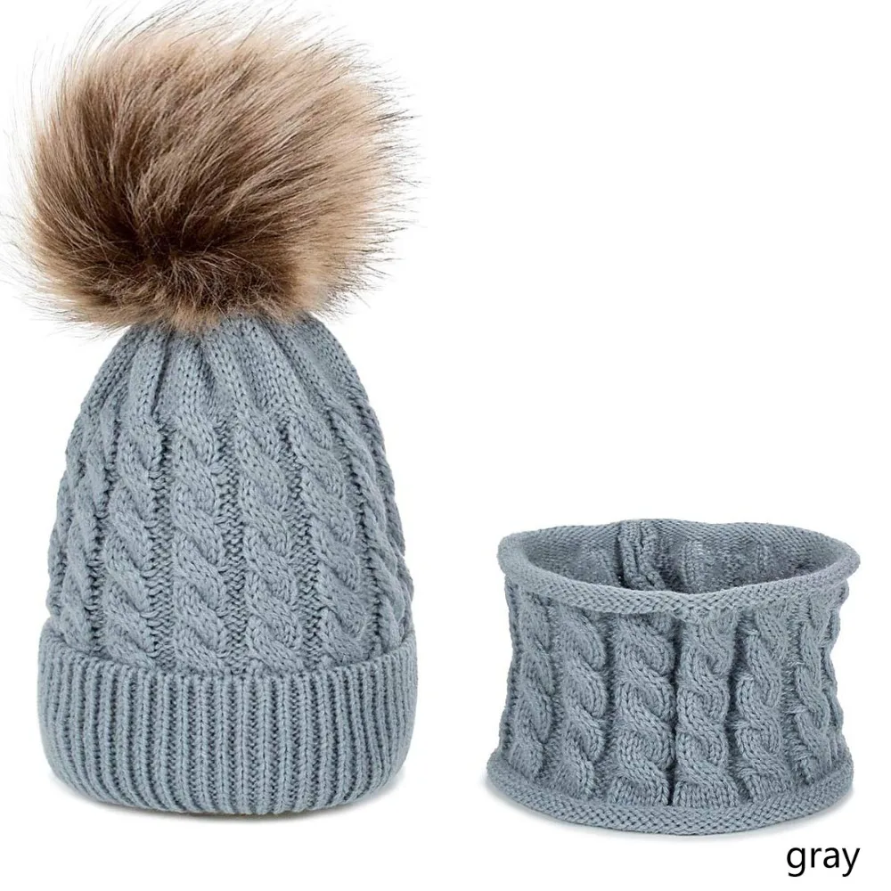 Новинка года, детский зимний комплект из шапки и шарфа, однотонные вязаные шапки для мальчиков и девочек, осенне-зимний теплый шарф, модная шапка с помпонами