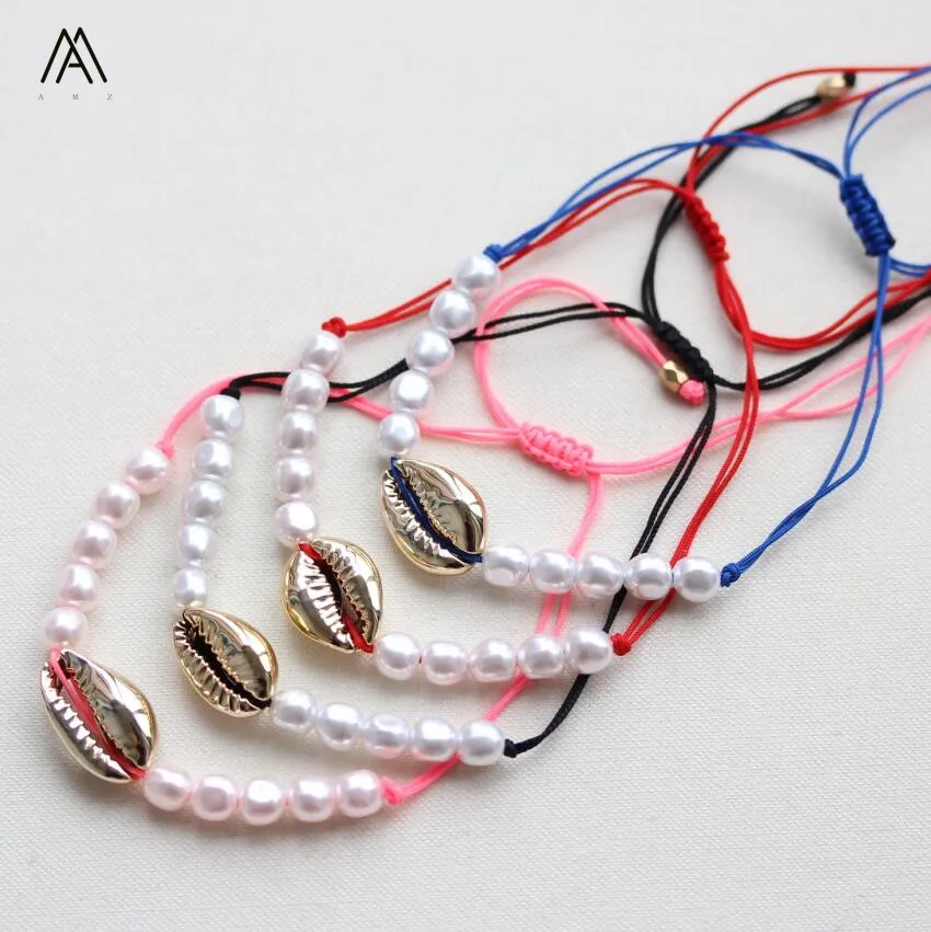 

12pcs/Set Delicate Imitation Pearl Bead Strands Charm Bracelet,Plated Skeleton Seashell Lace-up Bracelets Craft Jewelry HNLL-04