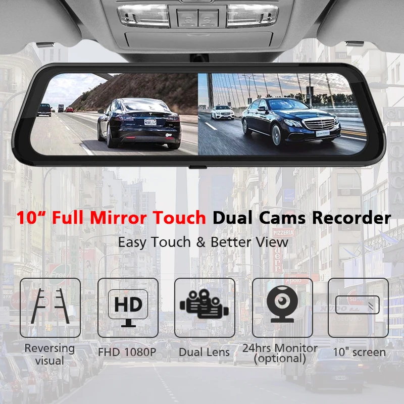 Car Dvr 10 Inch Stream Rear View Mirror 1080P Dash Cam Touch Screen Night Vision Camera Video Recor