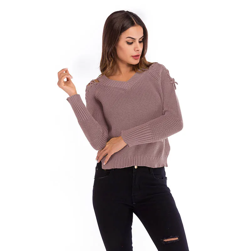 

Women Lace Up Hollow Long Sleeve Sweaters Split Knitted Pullovers Fashion Ladies V-Neck Sweater MM