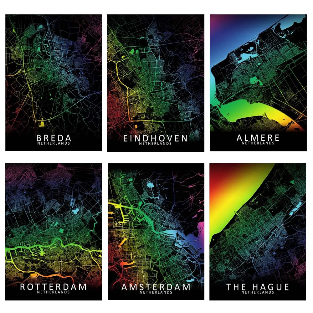 5D DIY Diamond Painting Netherlands Breda Rotterdam Tilburg Eindhoven Amsterdam-Rainbow City Map Art Wall Decor Map Painting