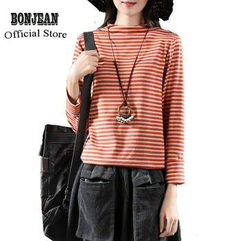 

Womens Cotton Tops T Shirt Tees Stand Collar Big Loose Striped Retro Vintage Fashion Casual for Spring Autumn AZ30561321