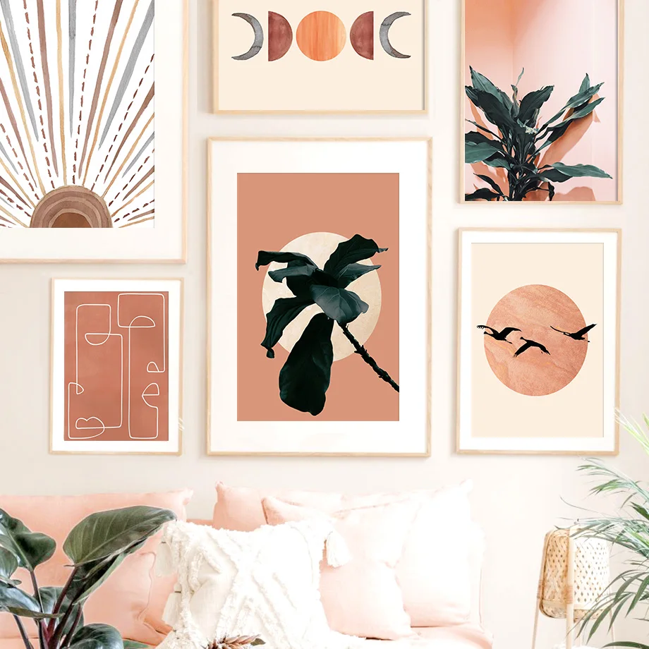 Abstract Sun Face Moon Plant Orange Wall Art Canvas Painting Nordic Posters And Prints Wall Pictures For Living Room Home Decor