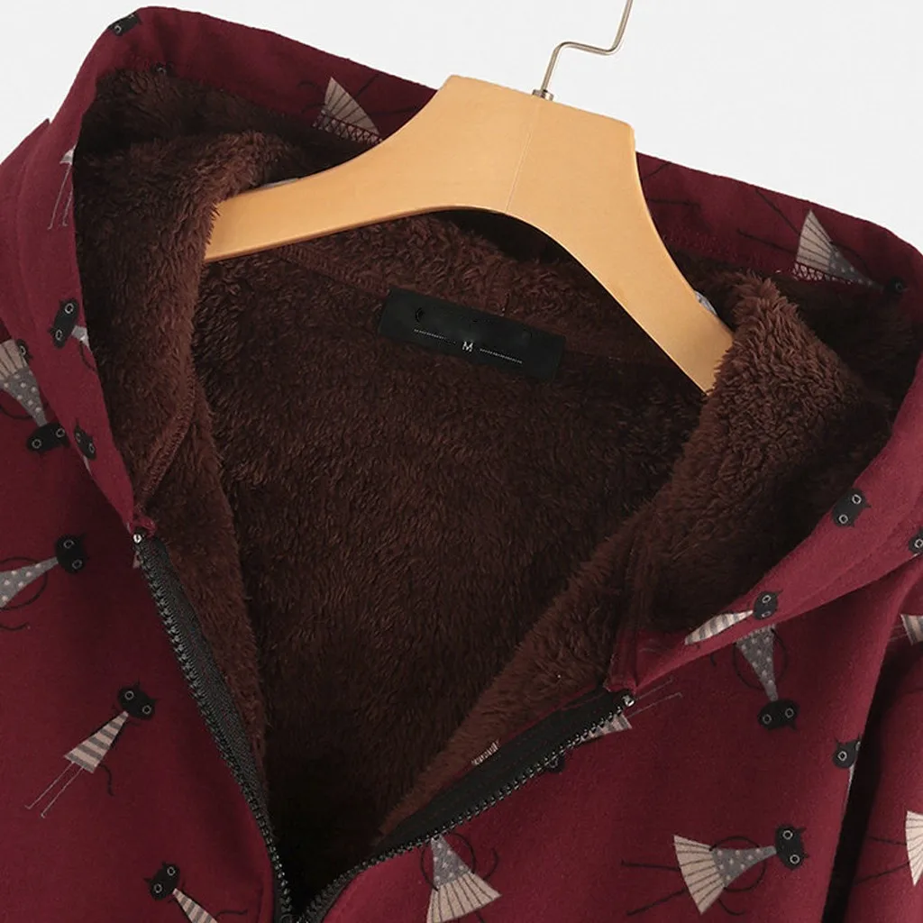 JAYCOSIN Winter Women Hooded Jacket Vintage Warm Printed Pockets Thicker Zipper Outwear Jacket Winter Ladies Jacket