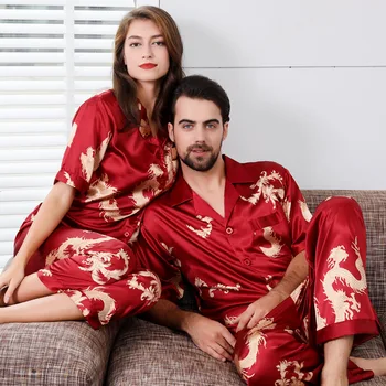 

Couple Thin Silk Pajamas for Men Sleepwear Mens Pajama Set and Women Pajamas Set Short Sleeve Nightgown Sleep Wearman Silk