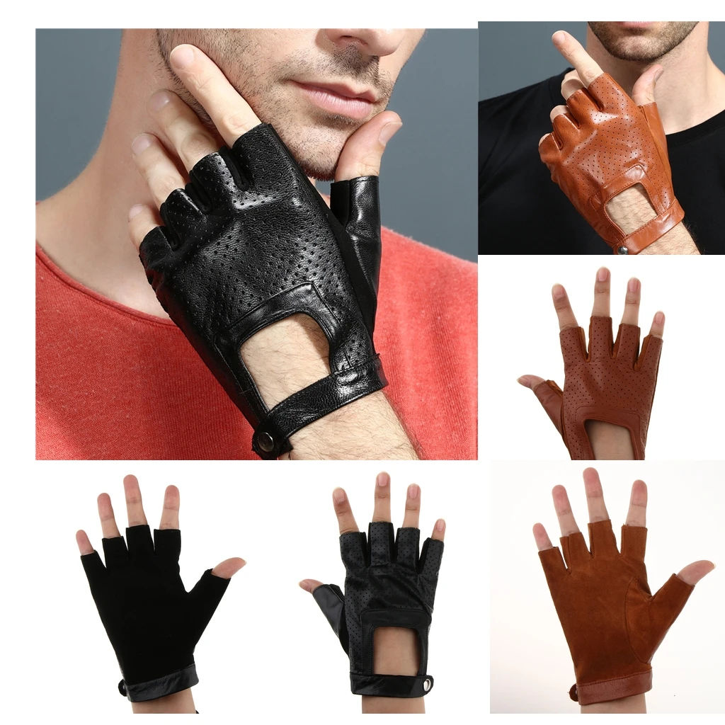 Retro Real Leather Men Fingerless Outdoor Driving Cycle Gloves