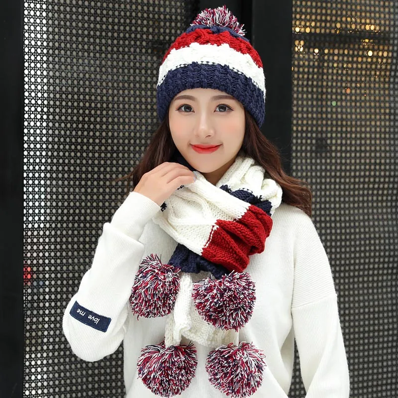 wine Женская шапка Skullies Beanie и шарфы перчатки из трех частей зимние шапки для женщин шарф-перчатка набор Kitted шерстяная Круглая Шапочка сохраняющая тепло - Цвет: wine