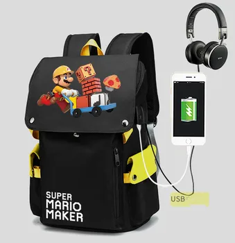

Super Mario Anime Mochilas USB Port Book bag Rucksack Student School Bag For Boys Girls Travel Black Backpack