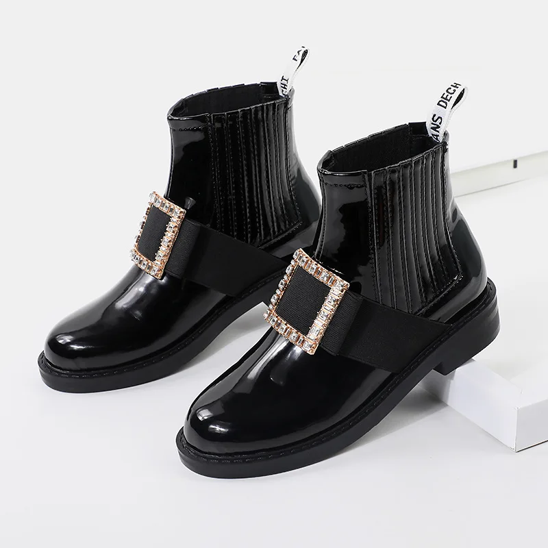 

Autumn Fashion Women's flat short Boots Platform Buckle Lace Up Leather Black Shoes patent rhinestone square shoes Yasilaiya