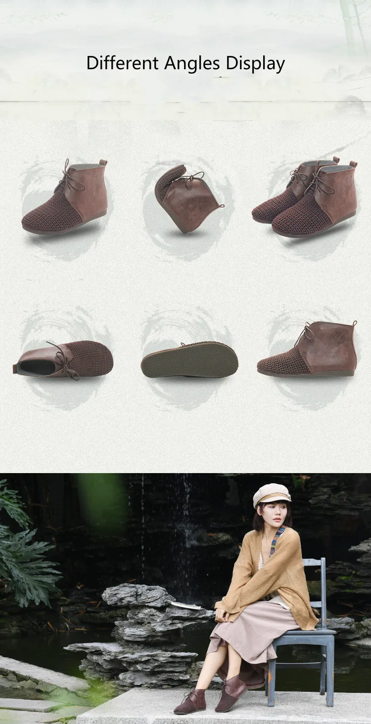 Женская кожаная обувь ручной работы Ботильоны Удобная шерстяная обувь на плоской подошве со шнуровкой
