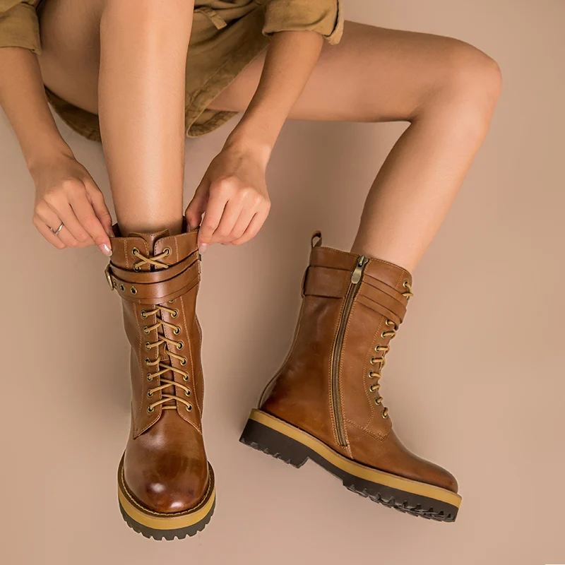 BeauToday/женские ботинки до середины икры из натуральной коровьей кожи с круглым носком; Брендовая обувь на платформе с пряжкой, на шнуровке, на молнии; высокое качество; 02301