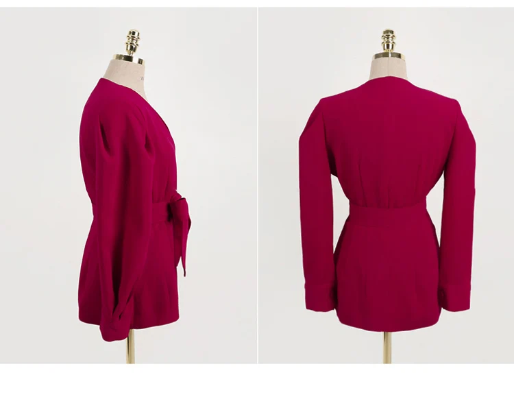 New Autumn Red Lady Fashion V-neck Office Work Elegant Two Piece Set Women Pant Suit High Quality With Sashes Casual
