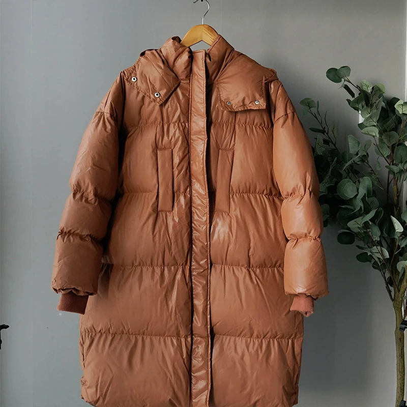 Зимнее женское пальто с капюшоном, пуховая куртка свободного кроя, длинное пальто с трикотажными манжетами, парки с хлопковой подкладкой - Цвет: Коричневый