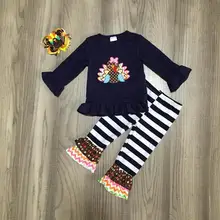 Новое поступление, осень, День благодарения, осень/зима, для маленьких девочек, темно-синий, турецкий костюм, штаны в полоску, одежда с оборками, бутик, подходит для детей с бантом