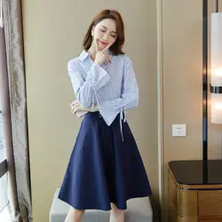 2019 осенние новые стильные повседневные корейские модные женские платья хипстерские полосатые майки оптовая продажа 9451-1