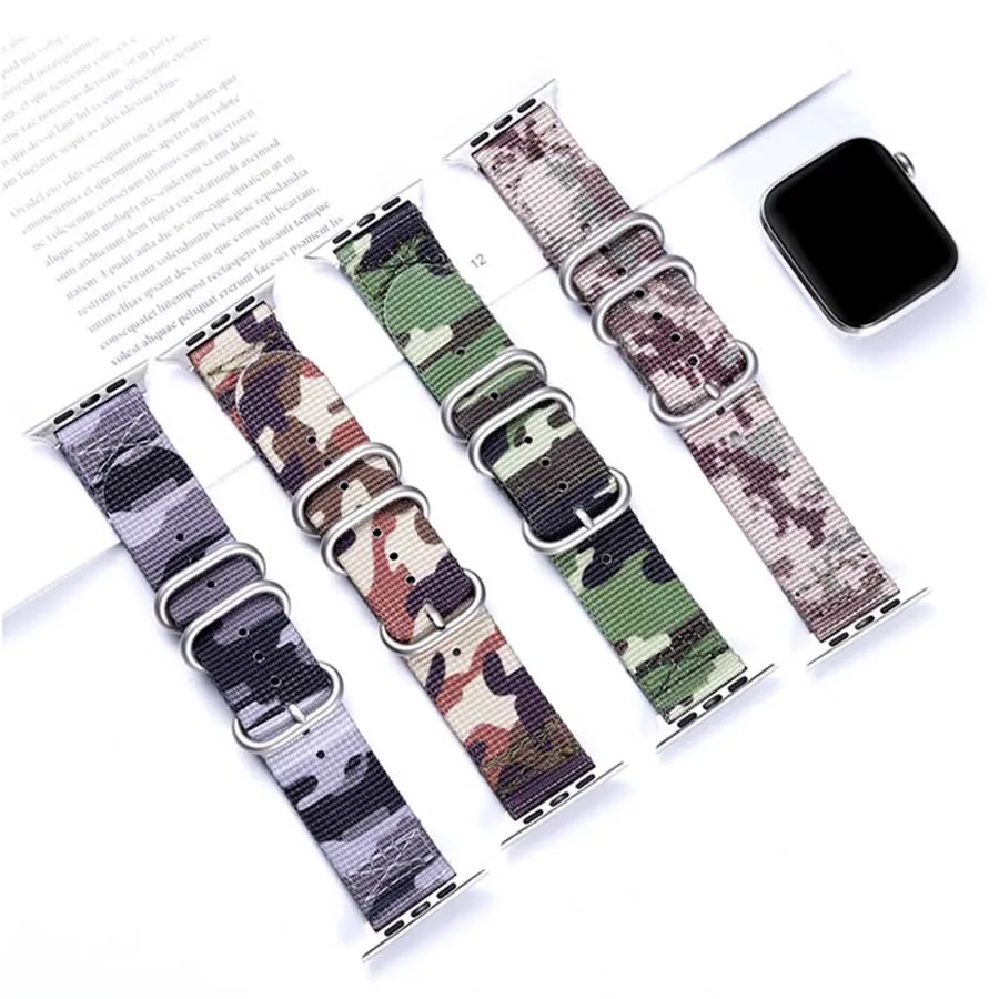 

NATO Camouflage Strap Nylon Strap Silver Buckle for Apple Watch 38/40/42/42mm Series 1/2/3/4 Replacement Strap Accessories