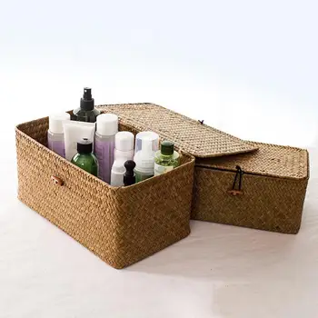 

Hot Retro Handmade Straw Woven Makeup Storage Box Toys Clothing Holder Basket With Lid Home Sundries Makeup Rattan Organizer Box