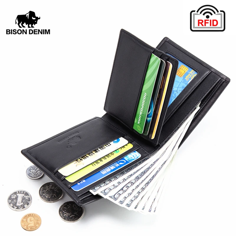 BISON DENIM бумажник из натуральной кожи RFID Мужской многофункциональный держатель