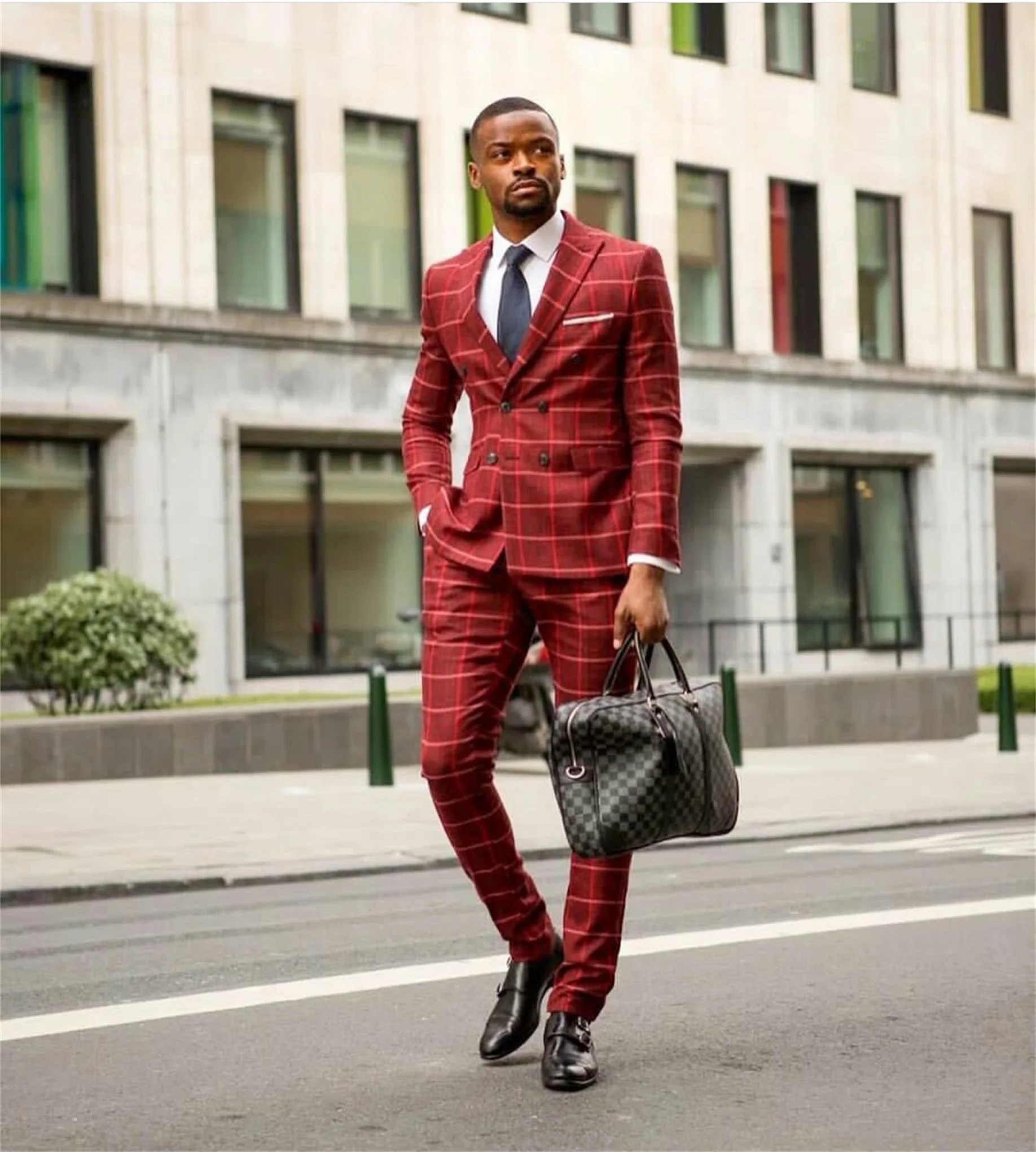 Handsome Red Check Suits Plus Size Groom Men Business Pants Suit