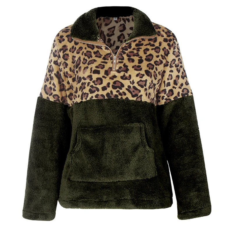 Теплая Осенняя коллекция, женские толстовки с карманами, леопардовая расцветка, на молнии, с Плюшевым Мехом, свитера с отложным воротником, женские осенние пуловеры GV728 - Цвет: Army Green