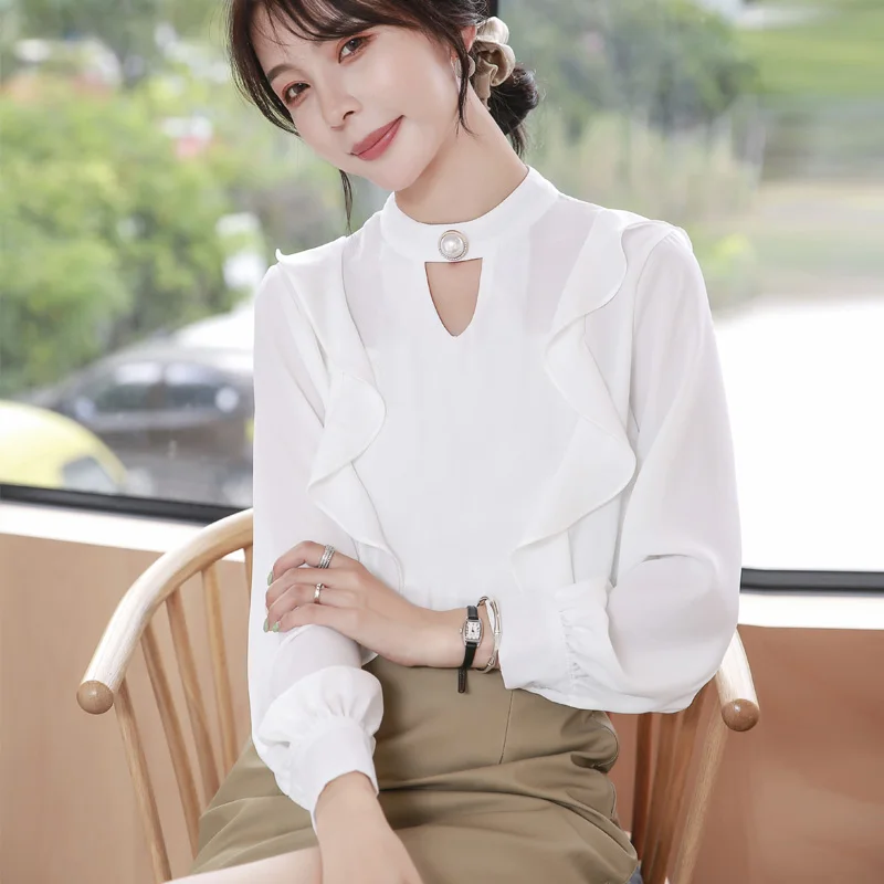 New Autumn Fashion Cute Women Shirts Ruffles Full Sleeve Chiffonp Super Fairy Blouse Shirt White Green Yellow 9538