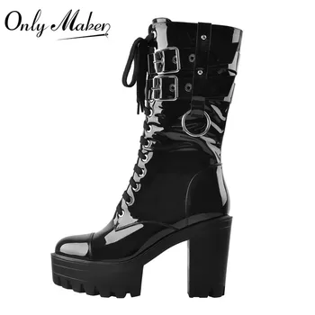 

Onlymaker Women Black Platform Patent Leather Lace Up Mid Calf Chunky High Heels Booties Side Zip Big Size Lady Short Boots