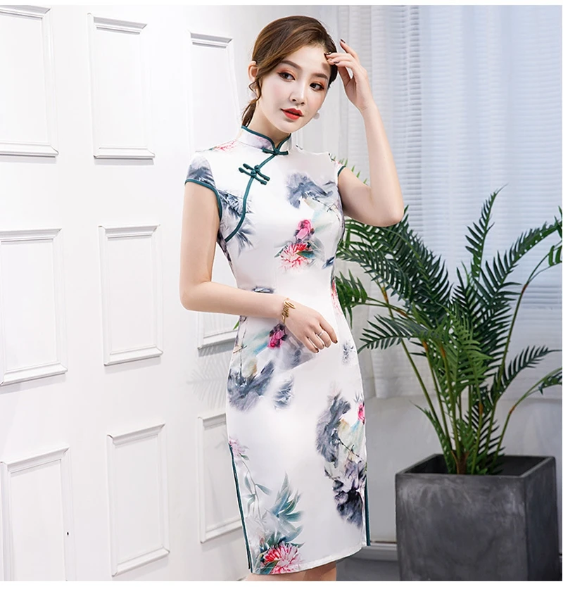 New china style printing mid-length cheongsam fashion silk slim banquet performance dress Slim thin girl daily party cheongsam